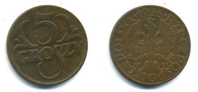 ПОЛЬША 5 ГРОШЕЙ 1935 w KM 10a бронза 46-533