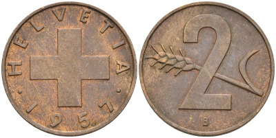 Швейцария 2 раппена 1957 В KM 47 бронза 4591-1145