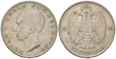 Югославия 20 динаров 1938 Петр II (1934-1945) KM 23 серебро 4177-915