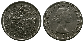 Великобритания 6 пенсов 1962 Елизавета II (1952-2022) KM 903, Spink 4149 медно-никель 4381-749