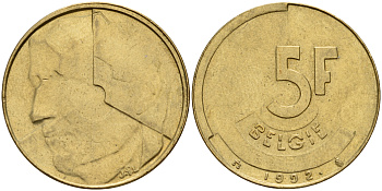 Бельгия 5 франков 1992 Belgie KM 164 алюминиевая бронза плакированная латунью    4187-433