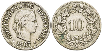 ШВЕЙЦАРИЯ 10 РАППЕНОВ 1907 В KM 27 медно-никель 4513-217