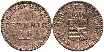 Саксен-Веймар-Эйзенах 1 пфенниг 1865 А, Карл Александр (1853-1901) KM 89, Jaeger 533, AKS 37 медь 116-813