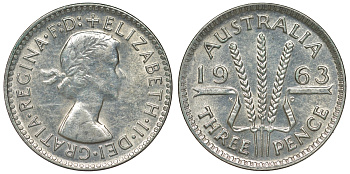 Австралия 3 пенса 1963 m, Елизавета II (1952-2022) KM 57 серебро 71-849