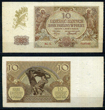 Польша 10 злотых 1940 Pick 94 (2) бумага 7552-7-3-2