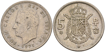 Испания 5 песет 1975 (77) Хуан Карлос I (1975 - 2014) KM 807 медно-никель 4155-626