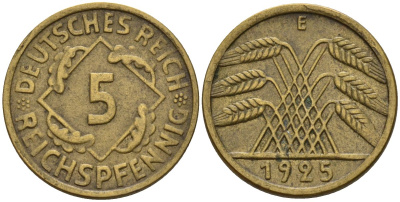 Германия 5 рейхспфеннигов 1925 E KM 39, J. 316 алюминиевая бронза 4151-722
