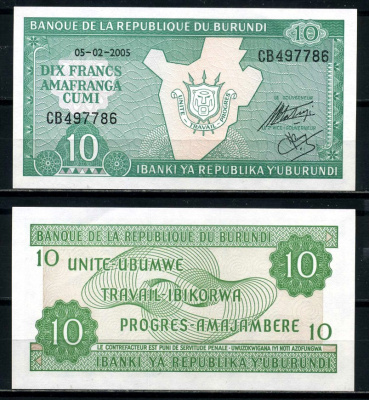 Бурунди 10 франков 2005 5 февраля 2005 Pick 33е бумага UNC (пресс) 6317-17-1-2