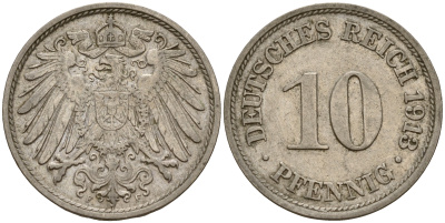 Германия 10 пфеннигов 1913 F J. 13,  KM 12 медно-никель    4603-735