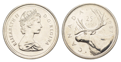 Канада 25 центов 1987 Елизавета II (1952-2022), олень KM 74 никель PROOF-LIKE (BU) 4638-534