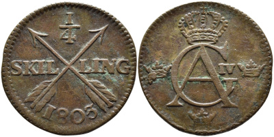 Швеция 1/4 скиллинга 1803 Густав IV Адольф (1792-1809) KM 564 медь 4389-916