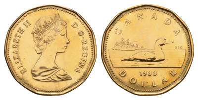 Канада 1 доллар 1988 Елизавета II (1952-2022), утка KM 157 никель плакированная бронзой 110-1116