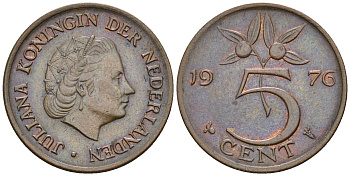 Нидерланды 5 центов 1976 Юлиана (1949-1980) KM 181 бронза UNC 4606-1012