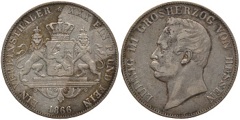 Гессен-Дармштадт 1 талер 1866 Людвиг III (1848-1877) AKS 120, Dav. 707, Kahnt 266, Thun 200, KM 338 серебро 00-807-38