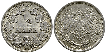 ГЕРМАНИЯ 1/2 МАРКИ 1905 А KM серебро 46-639