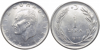 Турция 1 лира 1977 Мустафа Кемаль Ататюрк KM 889а.2 нержавеющая сталь 3856-852