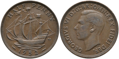 Великобритания 1/2 пенни 1952 Георг VI (1936-1952) KM 868, Spink 4118 бронза 65-913