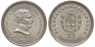 Уругвай 25 сентесимо 1960 KM 40 медно-никель 4169-814