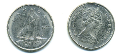 Канада 10 центов 1977 Елизавета II (1952-2022), парусник KM 77.1 никель 4383-425