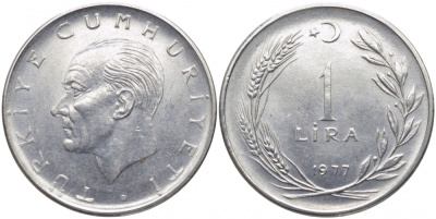 Турция 1 лира 1977 Мустафа Кемаль Ататюрк KM 889а.2 нержавеющая сталь 3856-852