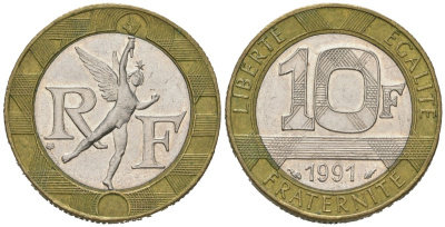Франция 10 франков 1991 KM 964 биметалл 4582-326