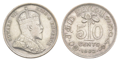 Цейлон 50 центов 1902 Эдуард VII (1901-1910) KM 99 серебро 1516-1225