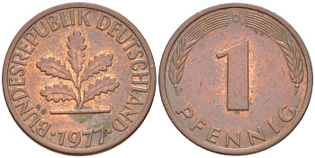 ФРГ 1 ПФЕННИГ 1977 D KM 105, J. 380 сталь плакированная медью 4181-627