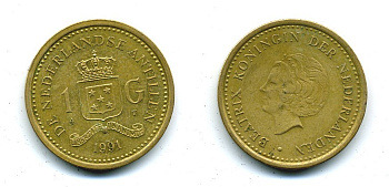 Нидерландские Антилы 1 гульден 1991 Беатрикс (1980-2013) KM 37 позолоченная сталь 25-744