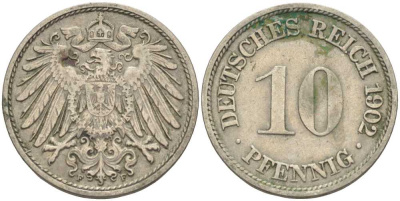 ГЕРМАНИЯ 10 ПФЕННИГОВ 1902 F KM 12, J. 13 медно-никель 4401-1235