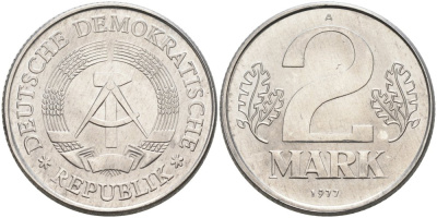ГДР 2 марки 1977 А KM 48 алюминий UNC 4574-532