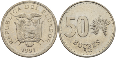 ЭКВАДОР 50 СУКРЕ 1991 KM 93 сталь плакированная никелем 82-916