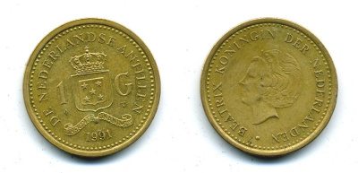 Нидерландские Антилы 1 гульден 1991 Беатрикс (1980-2013) KM 37 позолоченная сталь 25-744