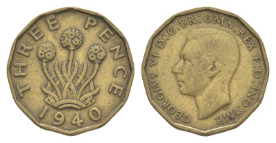 Великобритания 3 пенса 1940 Георг VI (1936-1952) KM 849, Spink 4112 никель латунь 4571-454