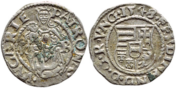 Венгрия 1 денар 1548 КВ, Фердинанд I (1526-1564), мадонна с младенцем  серебро    1530-413