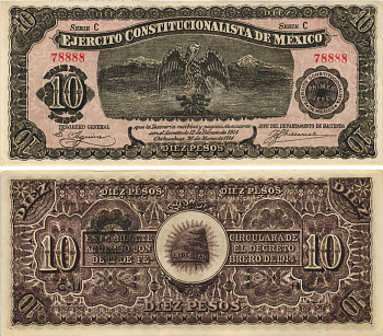 Мексика, Революция 10 песо 1914 Чиуауа, правительство конституционалистов Pick S525a бумага aUNC 6287-49-1