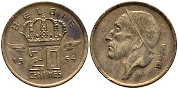 БЕЛЬГИЯ 20 САНТИМОВ 1954 BELGIE KM 147.1 бронза 4392-852