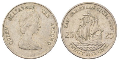 Восточные Карибы 25 центов 1986 KM 14 медно-никель 4628-1057
