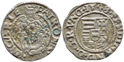 Венгрия 1 денар 1548 КВ, Фердинанд I (1526-1564), мадонна с младенцем  серебро    1530-413