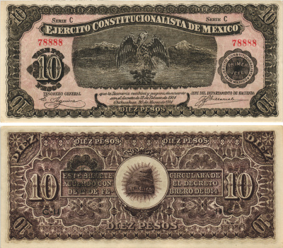 Мексика, Революция 10 песо 1914 Чиуауа, правительство конституционалистов Pick S525a бумага aUNC 6287-49-1