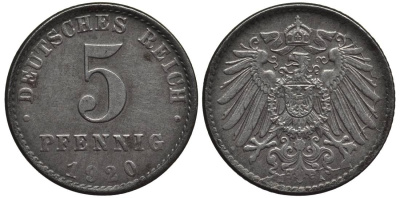 ГЕРМАНИЯ 5 ПФЕННИГОВ 1920 A KM 19, Jager 297, Weege 5 железо 4547-621
