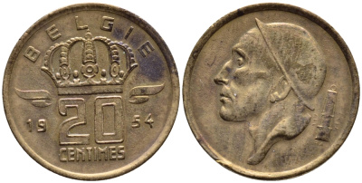 Бельгия 20 сантимов 1954 Belgie, Бодуэн I (1951-1993) KM 147.1 бронза 4392-852