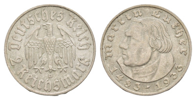Германия 2 рейхсмарки 1933 D, 450 лет со дня рождения Мартина Лютера KM 79 серебро 1528-114