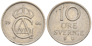 Швеция 10 эре 1966 Густав VI Адольф (1950-1973) KM 835 медно-никель 3309-648