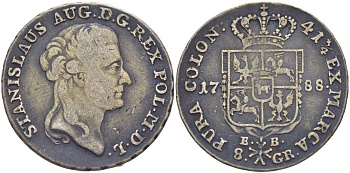 Польша 8 грошей (2 злотых) 1788 ЕВ, Станислав II Август Понятовский (1764-1794), вес 9,2 г KM 209.1 (C54), Kopinski 412.2 серебро 00-812-37