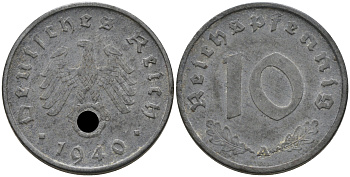 ГЕРМАНИЯ 10 РЕЙХСПФЕННИГОВ 1941 A J. 371, KM 101 цинк 75-224