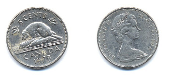 Канада 5 центов 1975 Елизавета II (1952-2022), бобр KM 60.1 никель 4379-512
