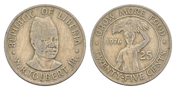 Либерия 25 центов 1976 ФАО - Выращивать больше еды KM 30 медно-никель 4641-1251