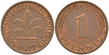 ФРГ 1 пфенниг 1977 D KM 105, J. 380 сталь плакированная медью    4598-554