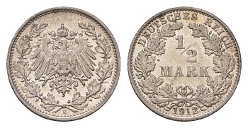 Германия 1/2 марки 1912 E, Вильгельм II (1888-1918) KM 17, J. 16 серебро aUNC 3896-743