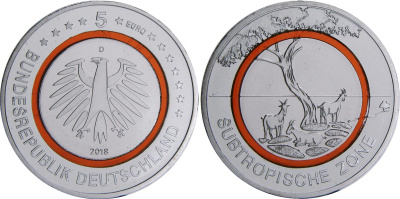 ФРГ 5 евро 2018 F, субтропическая зона земли, в оригинальной упаковке KM 370 биметалл  PROOF  1-3-1-08